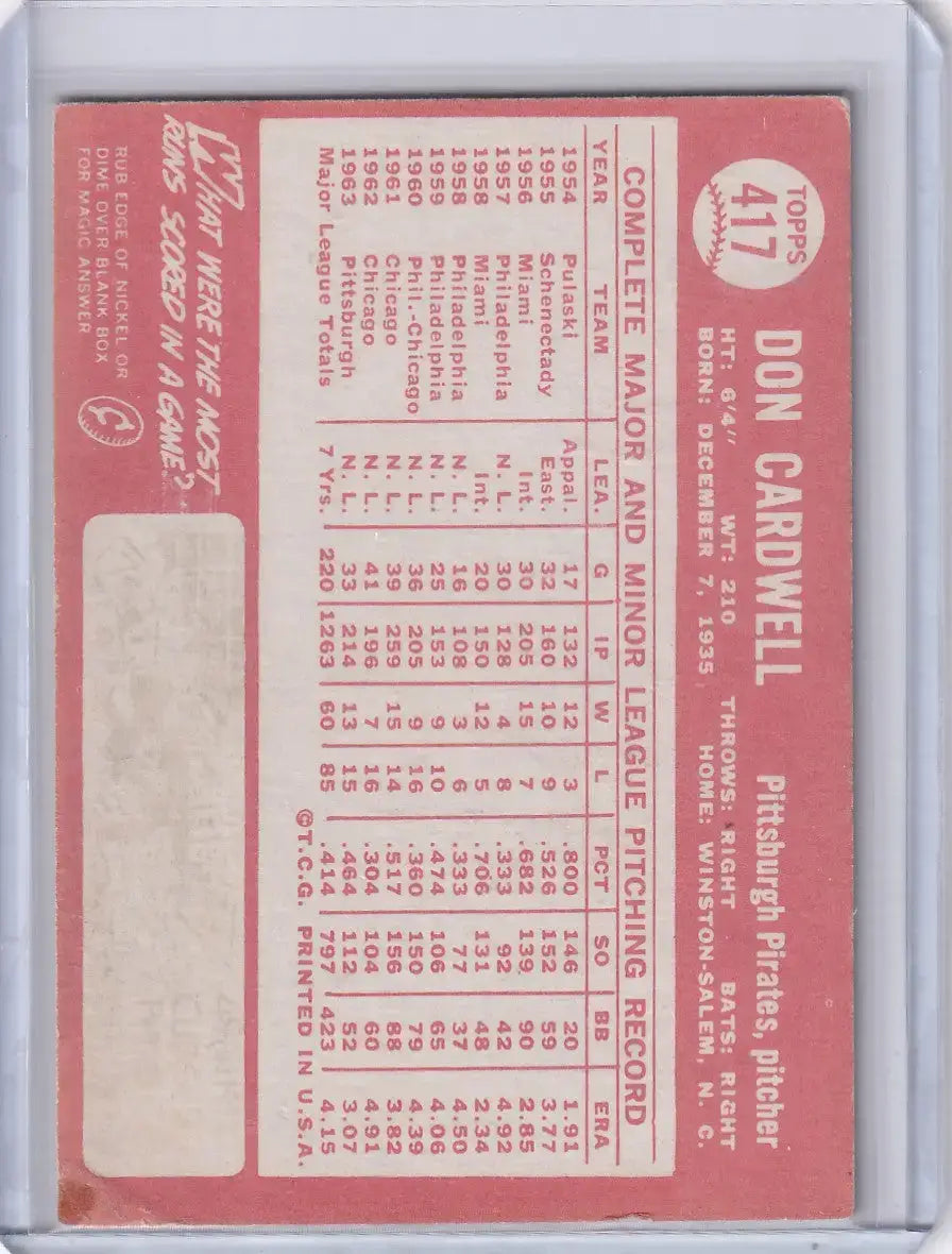 1964 Topps Baseball #417 Don Cardwell - Pittsburgh Pirates