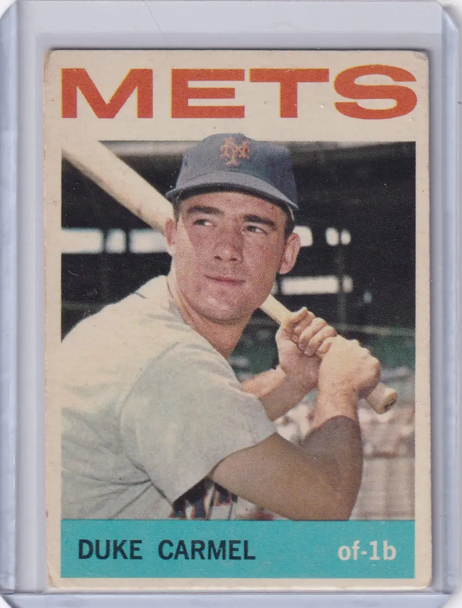 Vintage 1964 Topps Baseball card featuring Duke Carmel in New York Mets uniform