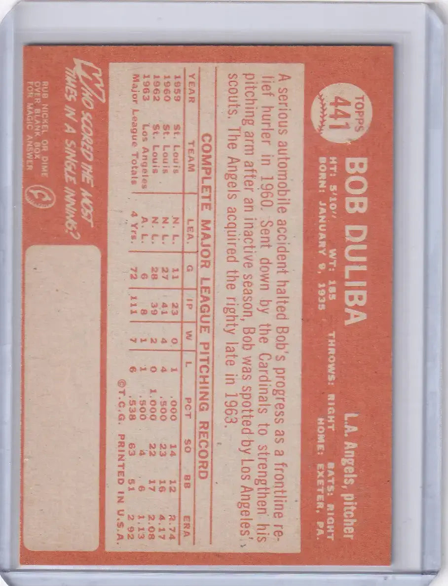 1964 Topps Baseball #441 Bob Duliba - Los Angeles Angels