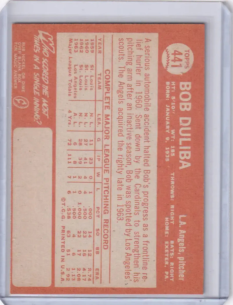 1964 Topps Baseball #441 Bob Duliba - Los Angeles Angels