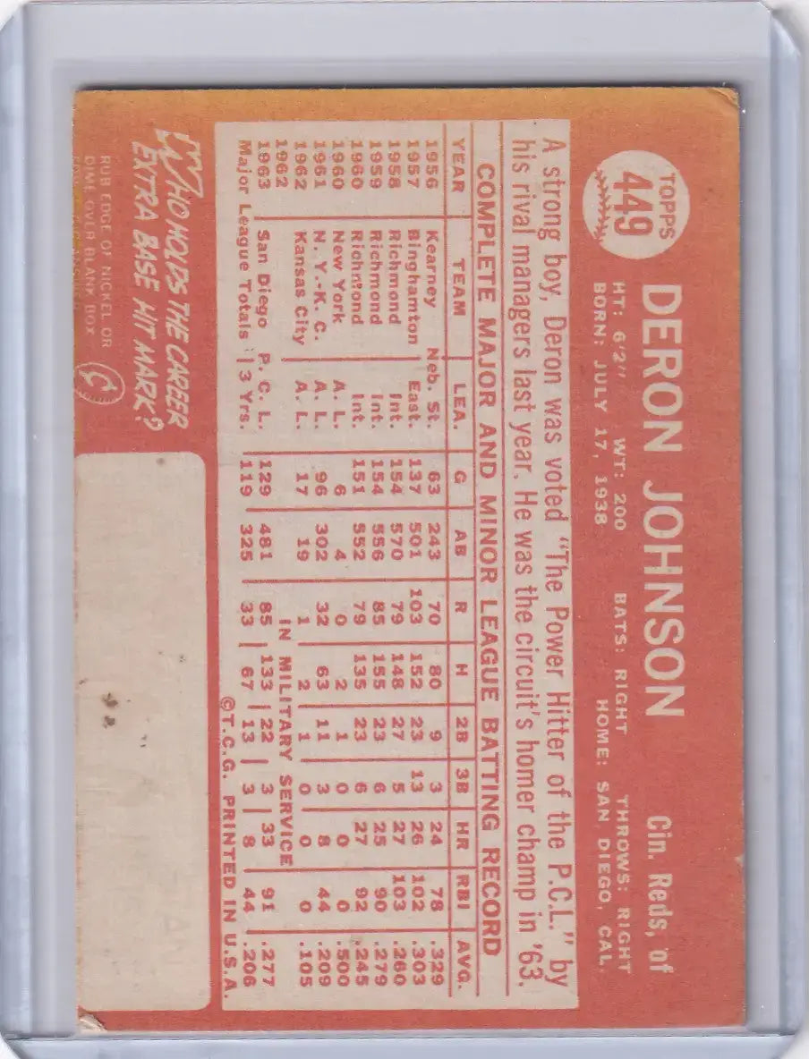 1964 Topps Baseball #449 Deron Johnson - Cincinnati Reds