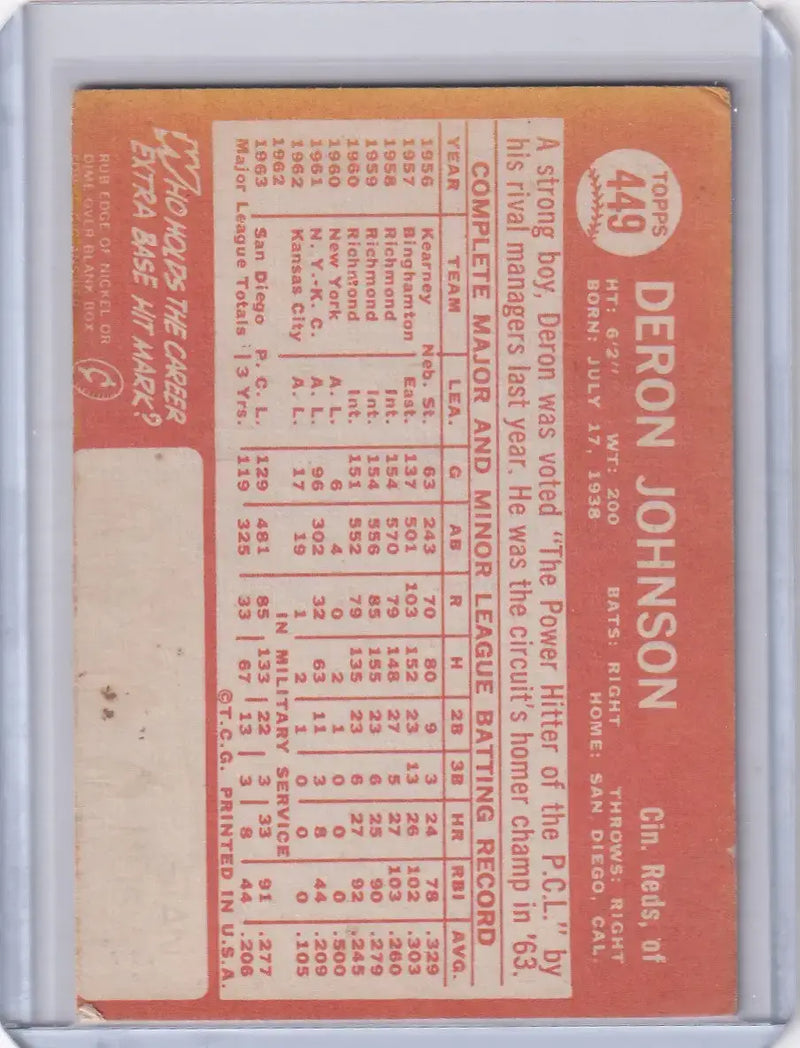 1964 Topps Baseball #449 Deron Johnson - Cincinnati Reds
