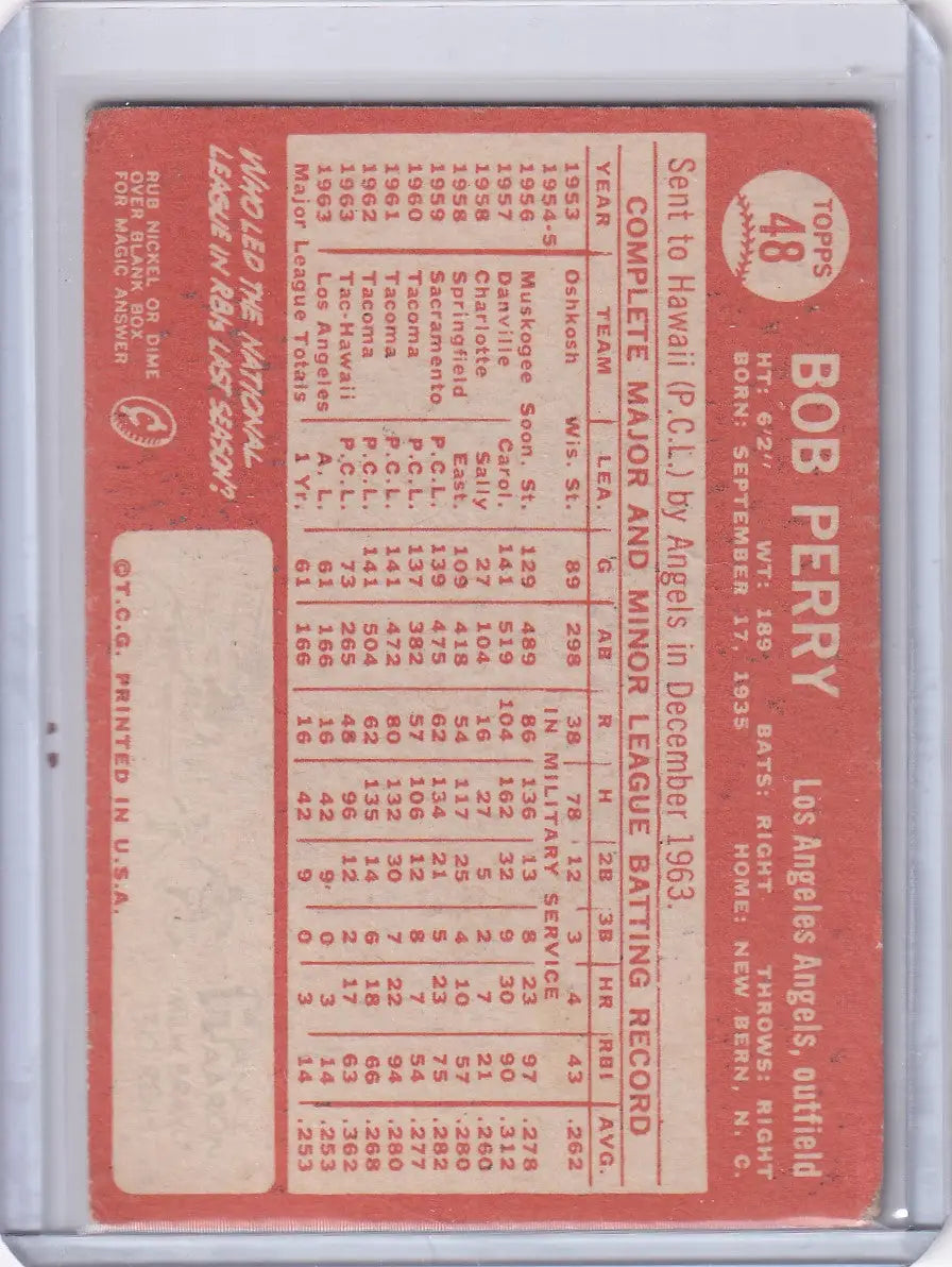 Vintage baseball card of Bob Perry Los Angeles Angels from 1964 Topps Baseball series