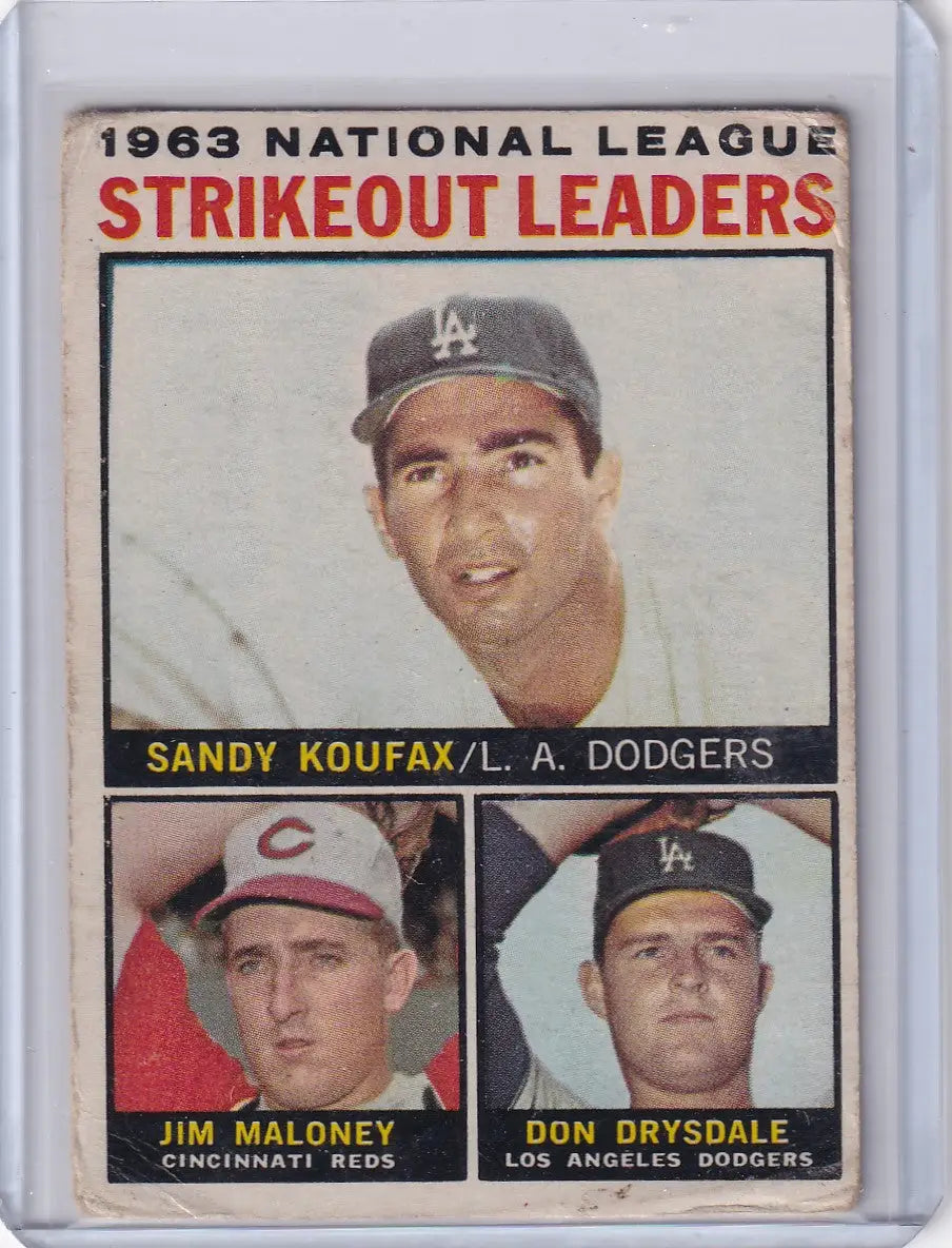 1964 Topps Baseball card featuring 1963 NL Strikeout Leaders - Koufax Maloney Drysdale