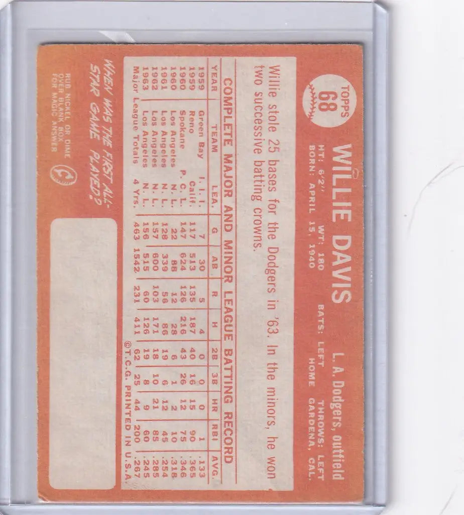 1964 Topps Baseball #68 Willie Davis Los Angeles Dodgers card on orange background