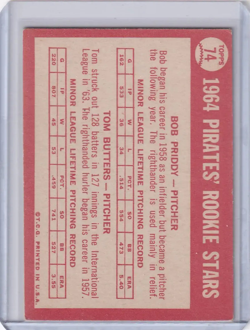 1964 Topps Baseball #74 Pirates Rookies - Bob Priddy / Tom Butters RC