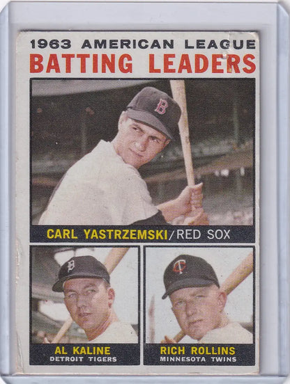 Vintage 1963 American League batting leaders Topps baseball card featuring Yastrzemski Kaline Rollins