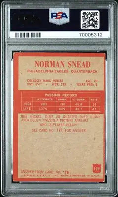Graded vintage Philadelphia Norman Snead football card PSA 3 from 1965 Philadelphia Norman series