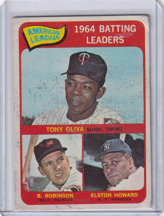 Vintage Topps Baseball card showcasing 1964 American League batting leaders