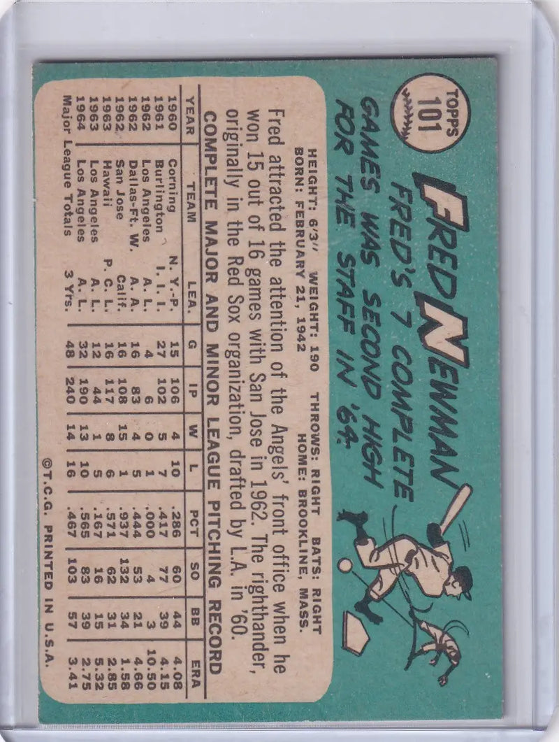 Baseball card of Fred Newman with stats, featuring Los Angeles Angels design