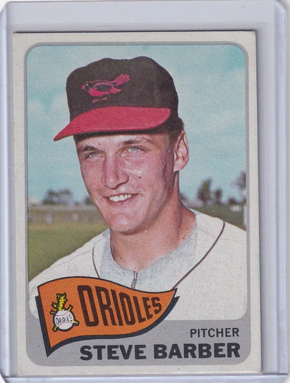 Baseball card of Steve Barber in Orioles cap from 1965 Topps Baseball set