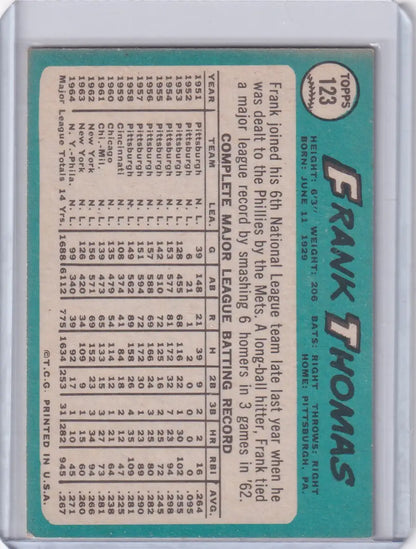 1965 Topps Baseball #123 Frank Thomas card showcasing Philadelphia Phillies player stats