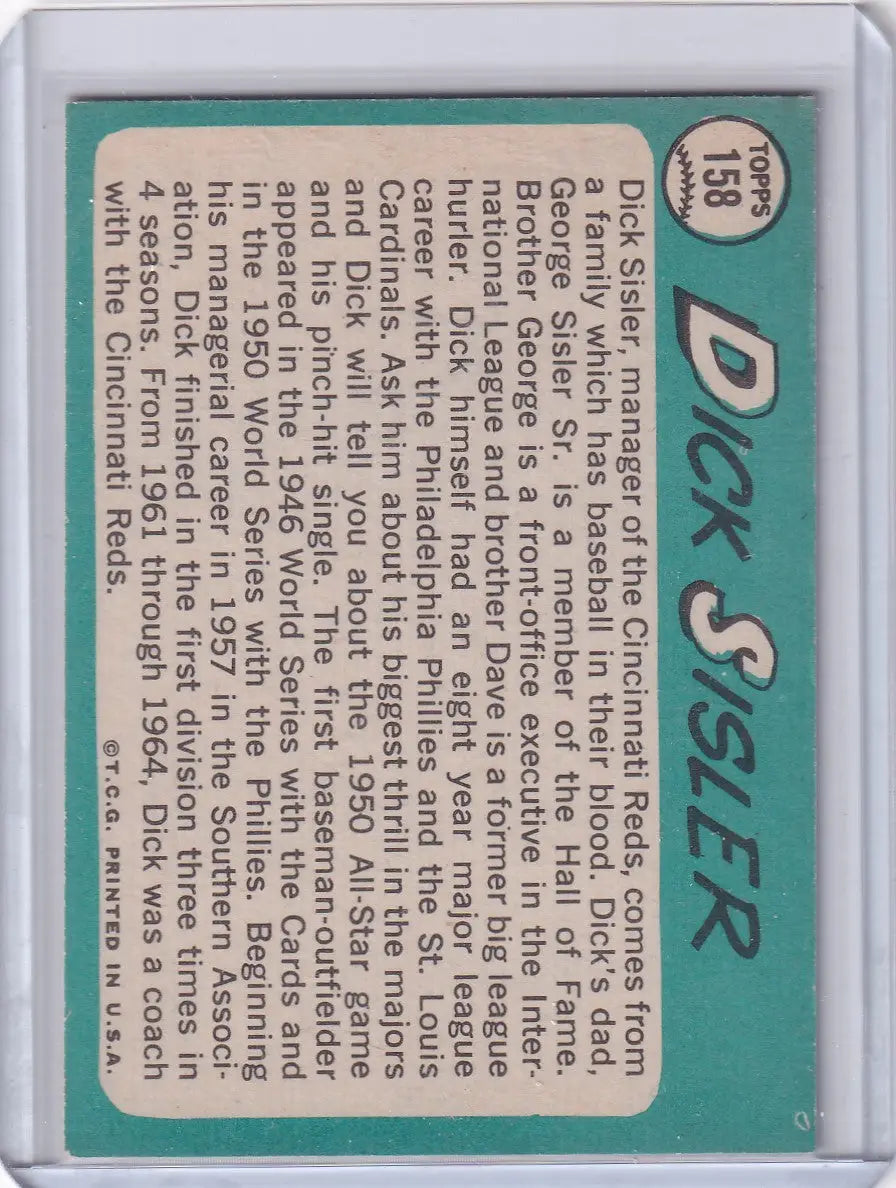 1965 Topps Baseball #158 Dick Sisler card with player stats on teal background