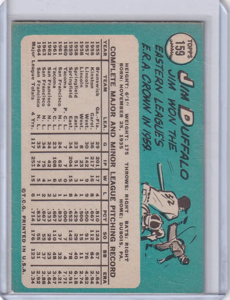 Vintage Topps Baseball card #159 Jim Duffalo of the San Francisco Giants with player stats
