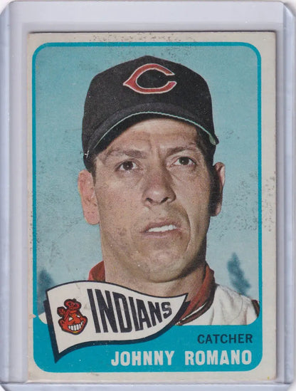 Baseball card of Johnny Romano in black cap, 1965 Topps Baseball, Cleveland Indians