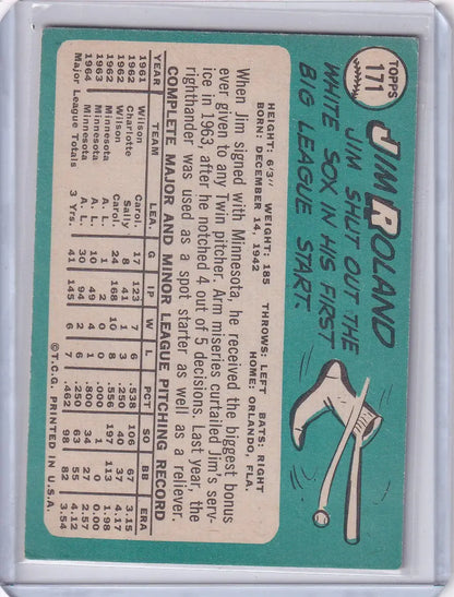 Vintage Topps Baseball card of Jim Roland featuring Minnesota Twins stats and art