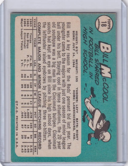 Vintage Topps Baseball card of Bill McCool showcasing Cincinnati Reds player stats