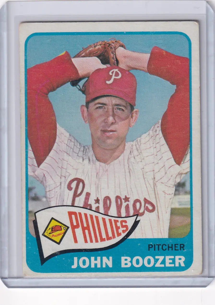 Vintage 1965 Topps Baseball card featuring John Boozer as a Philadelphia Phillies pitcher