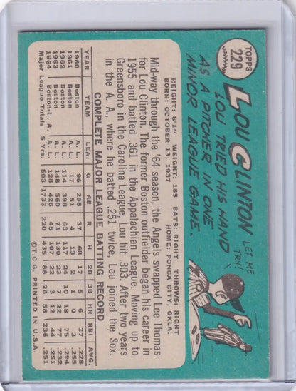 Baseball card of Lou Clinton with player stats and a sliding player illustration for Los Angeles Angels