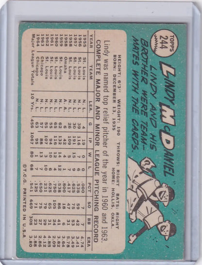 Vintage Topps Baseball card of Lindy McDaniel featuring Chicago Cubs pitcher stats