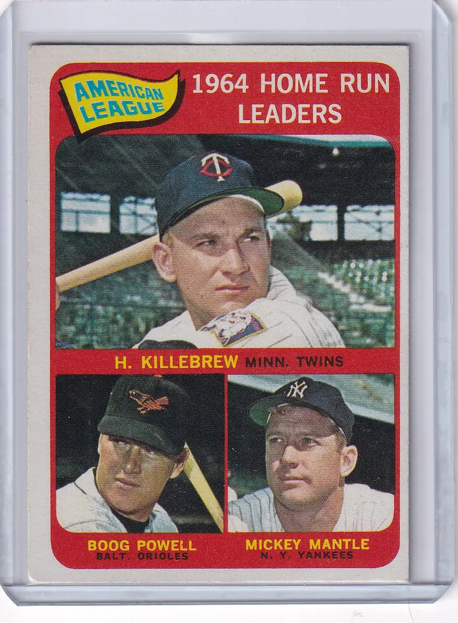 Baseball card of 1964 American League home run leaders Killebrew, Powell, and Mantle