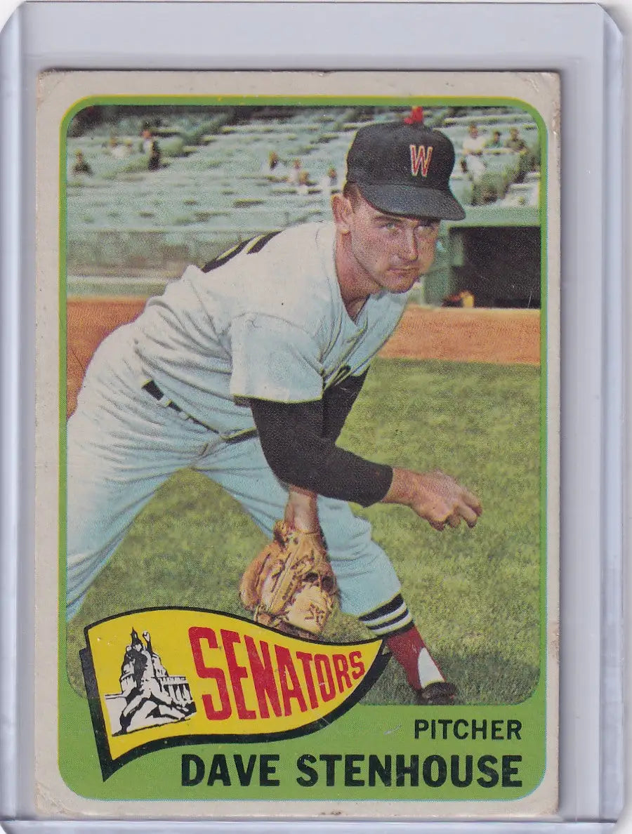 Baseball card of Dave Stenhouse pitching for Washington Senators in Topps Baseball set