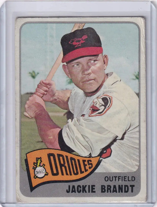 1965 Topps Baseball card of Jackie Brandt in batting stance for Baltimore Orioles