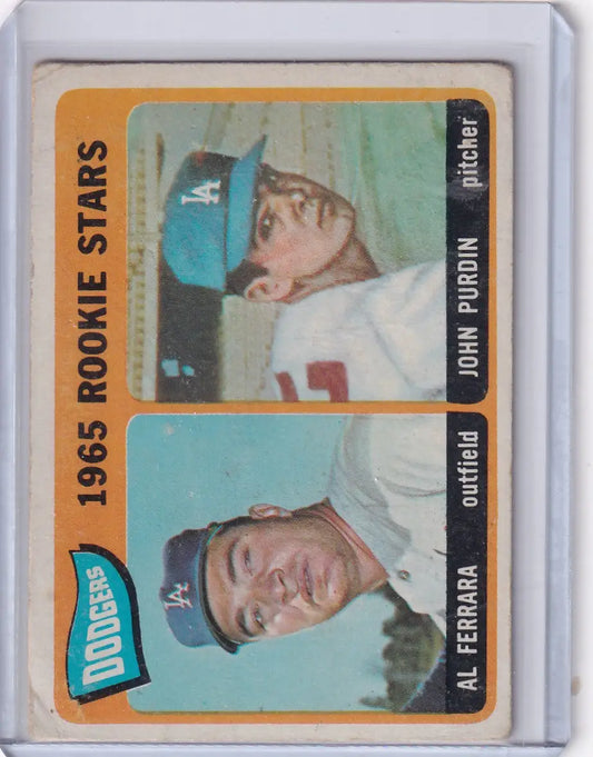 Vintage Topps Baseball card of Dodgers Rookies Al Ferrara and John Purdin from 1965