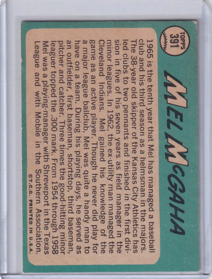 1965 Topps Baseball card of Mel McGaha with Kansas City Athletics stats and bio