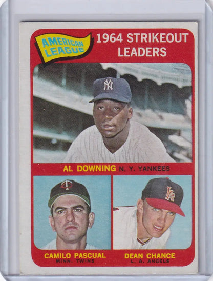 1964 Topps Baseball card of American League strikeout leaders from Yankees, Twins, Angels