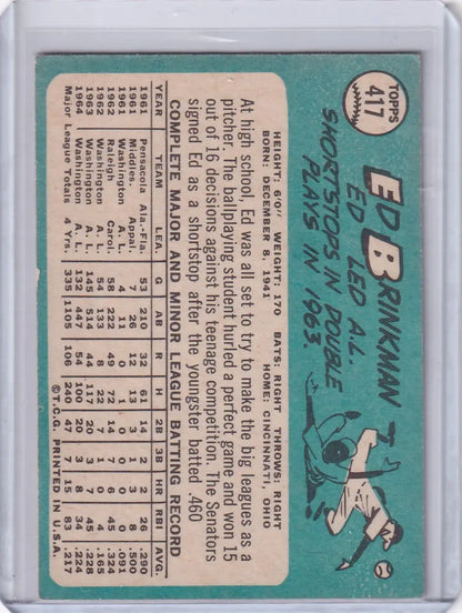 1965 Topps Baseball #417 Ed Brinkman trading card featuring Washington Senators player stats