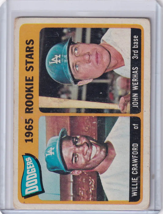Baseball card of Will Crawford and John Werhas from 1965 Topps Baseball Dodgers Rookies