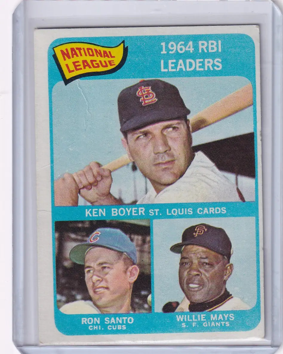 1964 Topps Baseball card featuring NL RBI Leaders - Boyer, Santo, and Mays