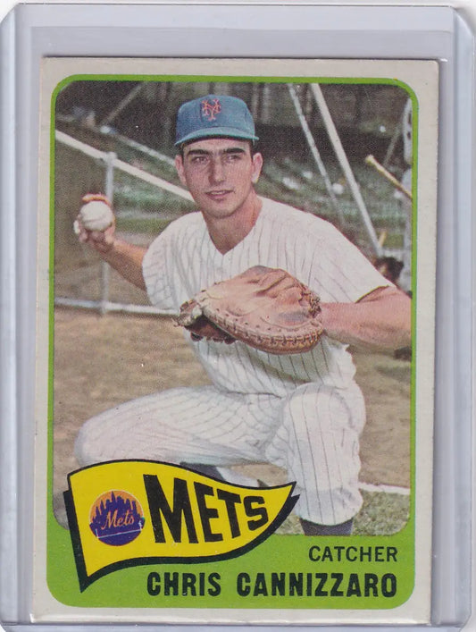 Vintage Topps Baseball card of Chris Cannizzaro, New York Mets catcher in crouched position