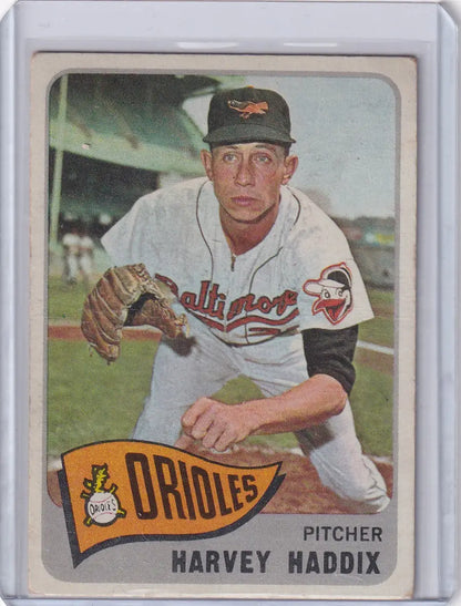 Vintage 1965 Topps Baseball card of Harvey Haddix, pitcher for the Baltimore Orioles