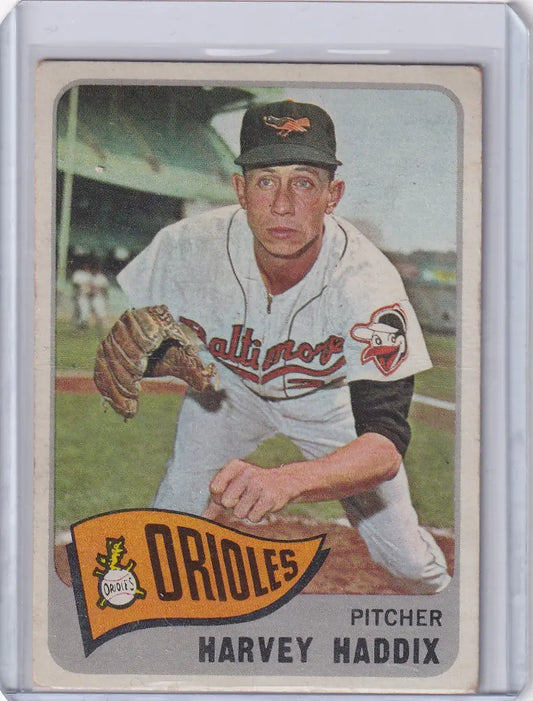 Vintage 1965 Topps Baseball card of Harvey Haddix, pitcher for the Baltimore Orioles