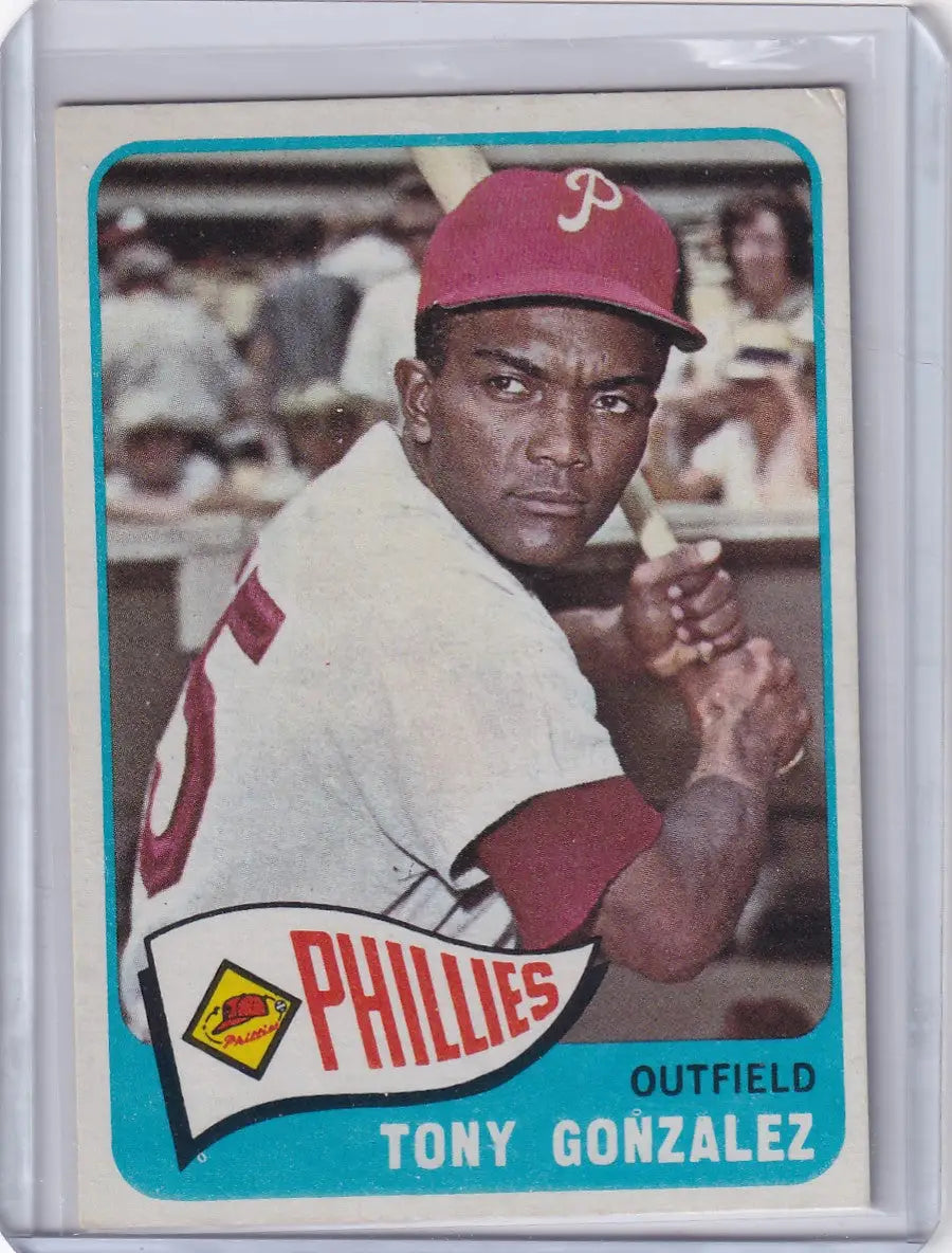 1965 Topps Baseball card of Tony Gonzalez in batting stance for Philadelphia Phillies