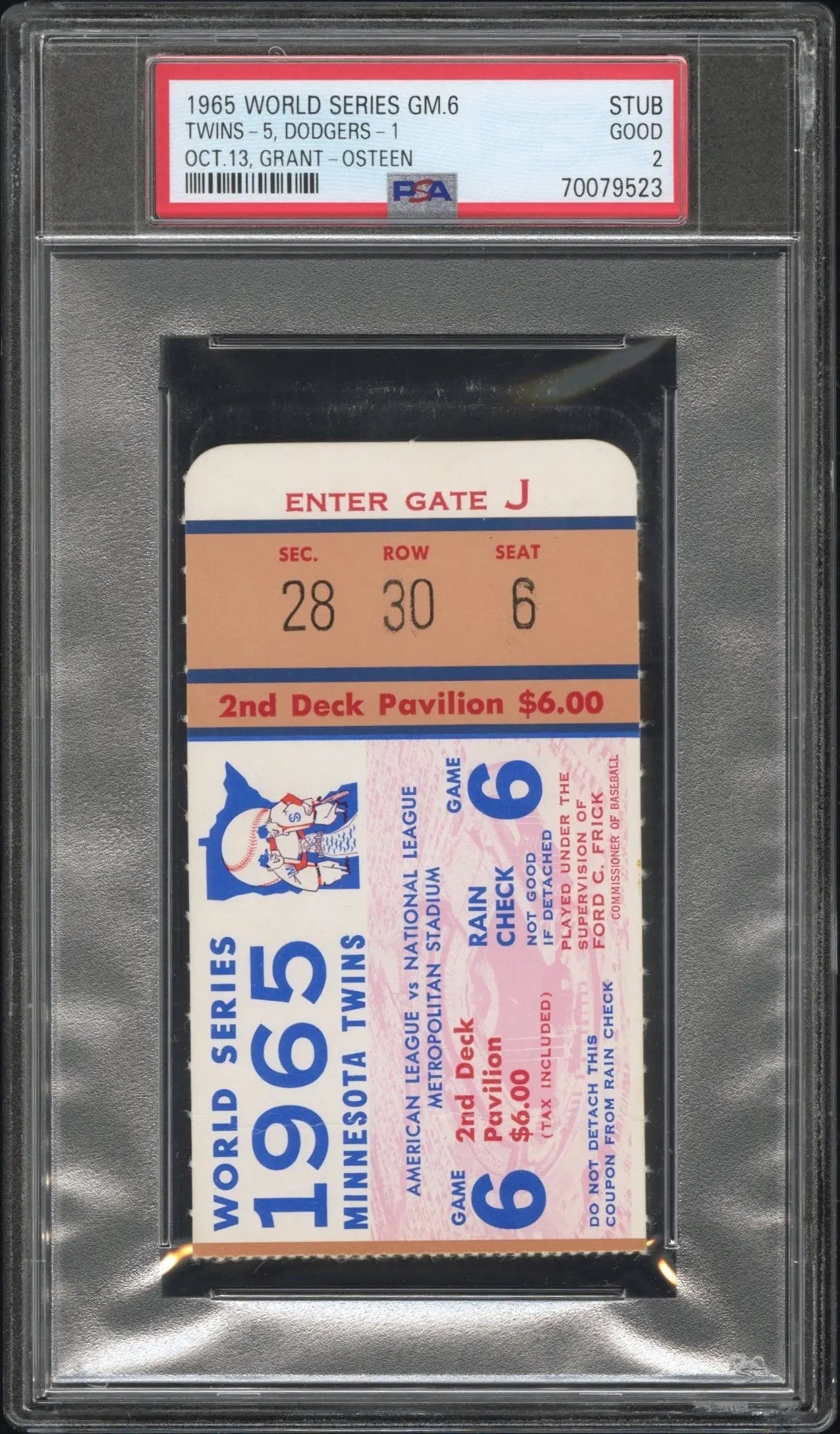 PSA-graded Ticket Stub from 1965 World Series Game 6 Minnesota Twins vs Dodgers