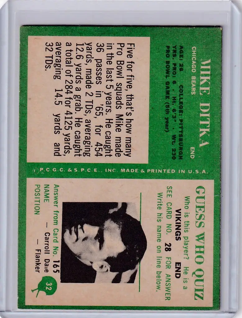 Baseball card of Mike Ditka Chicago Bears End in black and white on green background