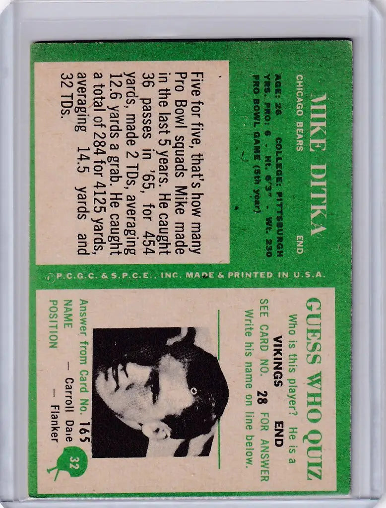 Vintage baseball card of Mike Ditka Chicago Bears HOF in green and beige colors