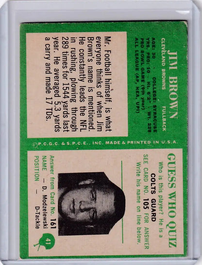 Vintage Jim Brown Cleveland Browns trading card with statistics and black-and-white portrait