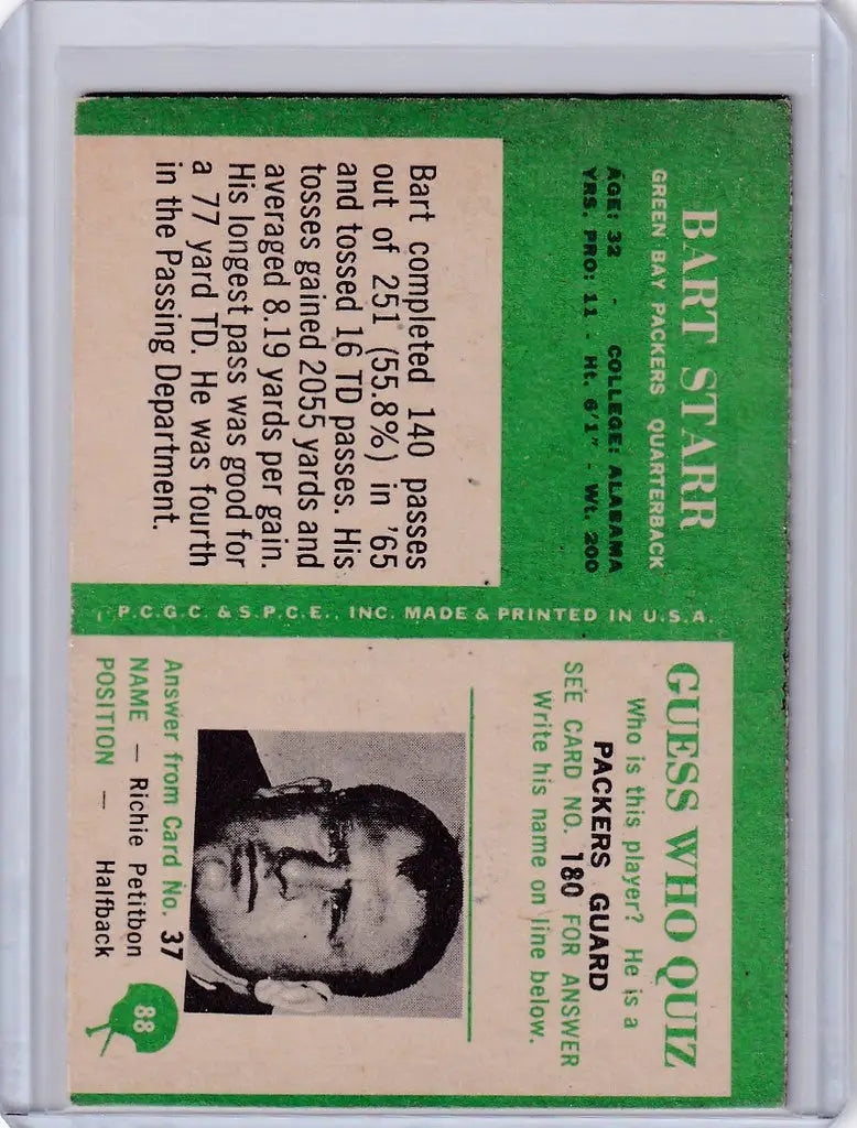 Vintage 1966 Philadelphia #88 Bart Starr Green Bay Packers card with black and white portrait