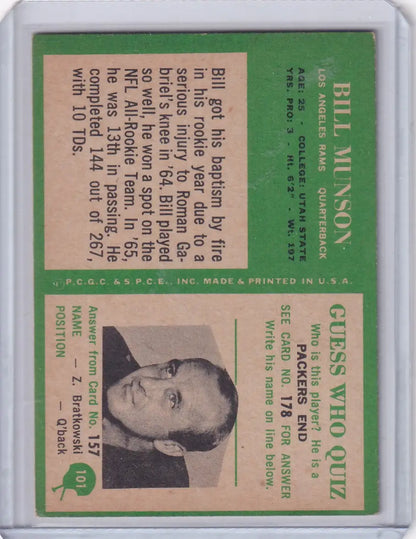 Vintage Philadelphia Football card featuring Los Angeles Rams Bill Munson 1966