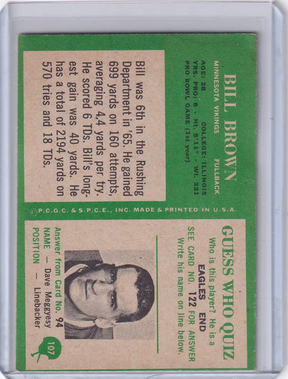 Vintage Philadelphia football card featuring Minnesota Vikings player Bill Brown 1966