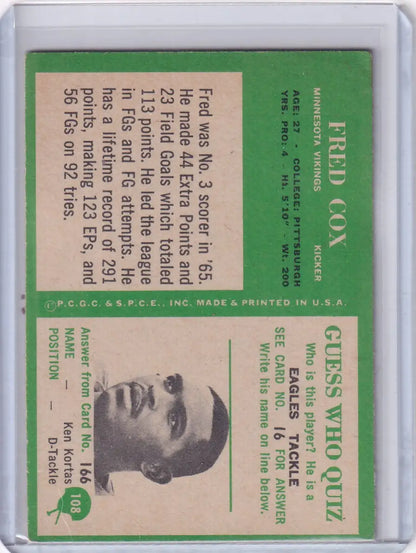 Vintage Philadelphia football card featuring Fred Cox of the Minnesota Vikings from 1966