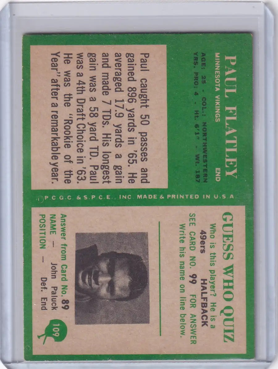 Vintage football card of Paul Flatley from the 1966 Philadelphia Football Minnesota Vikings series