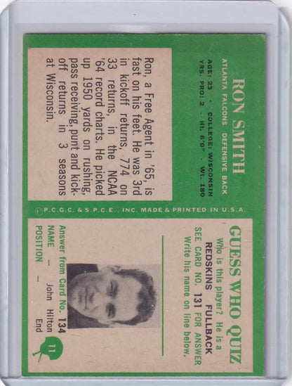 Vintage football card of Ron Smith from the 1966 Philadelphia Football Atlanta Falcons RC