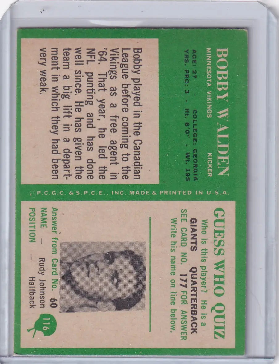 1966 Philadelphia Football #116 Bobby Walden - Minnesota Vikings RC