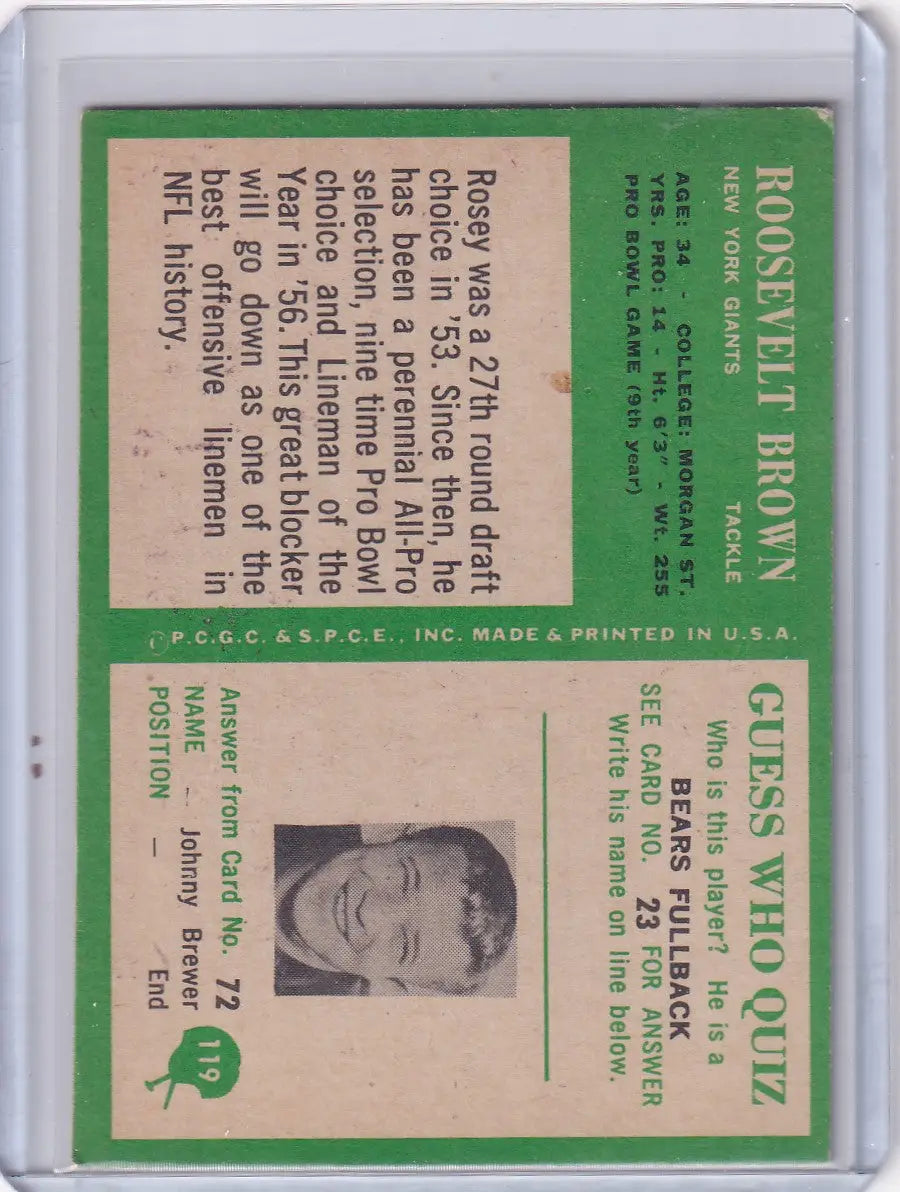 Vintage Roosevelt Brown Philadelphia Football card featuring 1966 New York Giants player