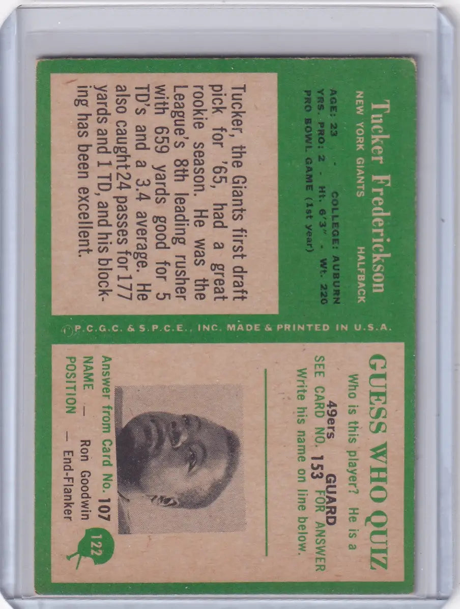 Vintage football card of Tucker Frederickson from 1966 Philadelphia Football New York Giants RC